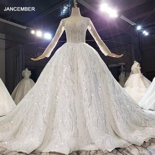 HTL1592 Sequine Button With Back Elegant White Custom Made Wedding Dress 2020 Long Sleeve Ball Gown Rvestido De Noiva Curto