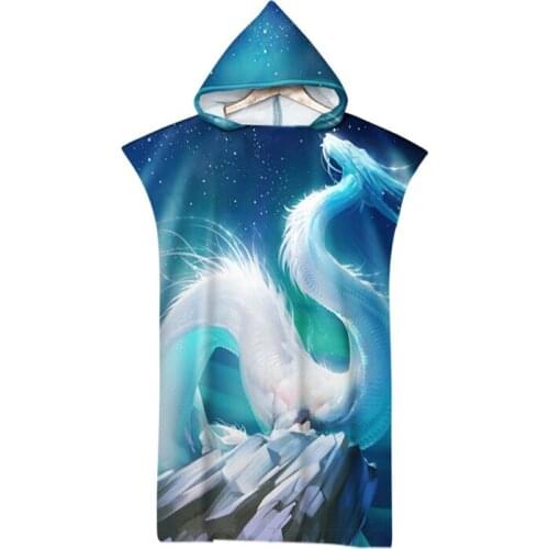 Microfiber Hood Beach Towel Swimsuit Dragon Printed Changing Robe Absorbent Surf Poncho Hooded Bath Towels for Adult Beachwear