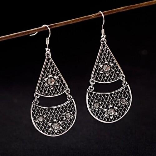 Classic Women Silver Color Water Drop Shape Earrings Ethnic Vintage Flower Hollow Out Bohemian Earrings Female Jhumka Earrings