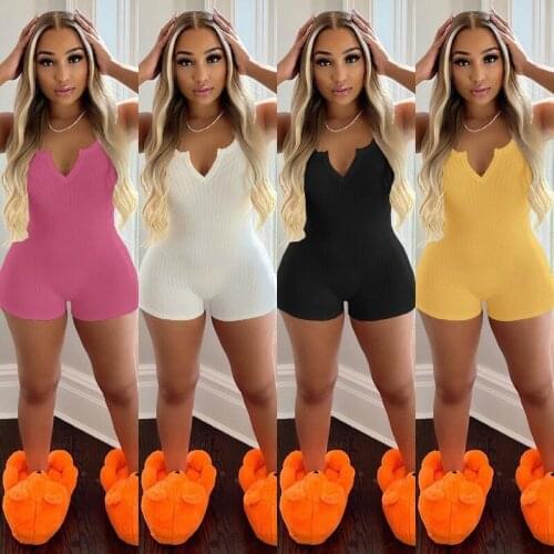 Adogirl Ribbed Sleeveless Rompers Woman Streetwear Solid V Neck Bodycon Female White Bike Short Jumpsuit One Piece Overalls