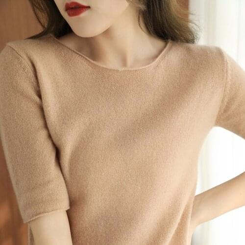 Hot Sale 100% Wool Cashmere Womens Sweaters And Pullovers Autumn Female O-Neck Solid Short SLeeve Soft Jumper Loose Tops Spring
