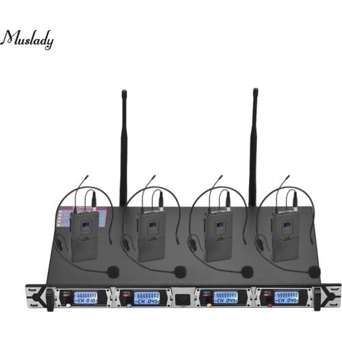 Muslady D4-2 4-Channel UHF Wireless Microphone System 4 Headset Microphones with Bodypack Transmitters + 1 Rack-Mount Receiver