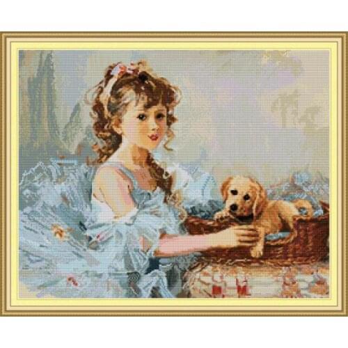 Girl and Dog cross stitch kit aida 14ct 11ct count print canvas cross stitches needlework embroidery DIY handmade
