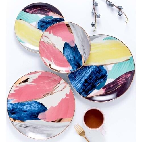 Dinnerware Painting Gold Inlay Colorful Cloud Dinner Plate set Porcelain Dessert Snack Cake Dishes for Kitchen Decor Gift