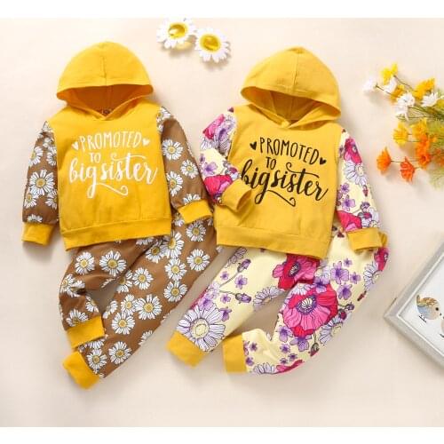 OPPERIAYA Children Daisy Print Clothes Casual Set Baby Girls Letter Print Long Sleeve Hooded Sweatshirt Elastic Waist Trousers