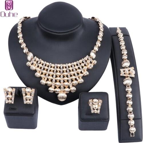 Wholesale Bridal Gift Nigerian Woman Wedding African Beads Jewelry Set Brand Dubai Gold Color Crystal Necklace Jewelry Sets
