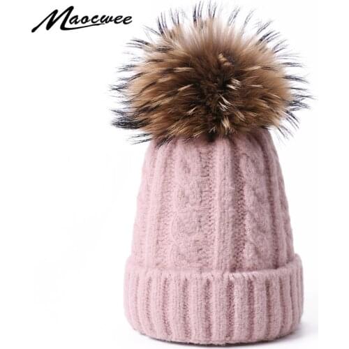 Real Raccoon Fur Pom Pom Wool Beanie Hat For Children And Women Winter Warm Knitted Skullies Beanies Kid Solid Color Bonnet Hats