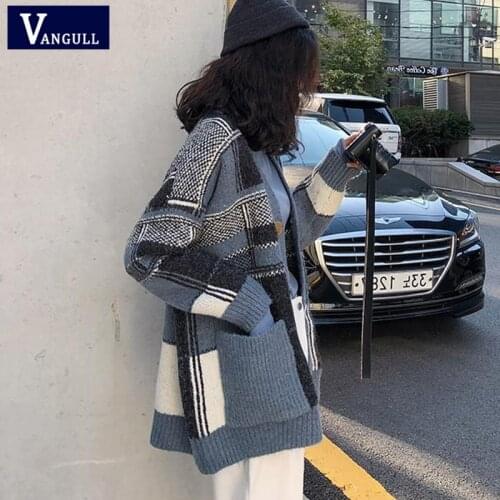 Vangull Knitted Plaid Women Sweater Cardigans 2020 Autumn Fashion New Casual Loose Sweater Vintage Soft Buttons Sweater Coat