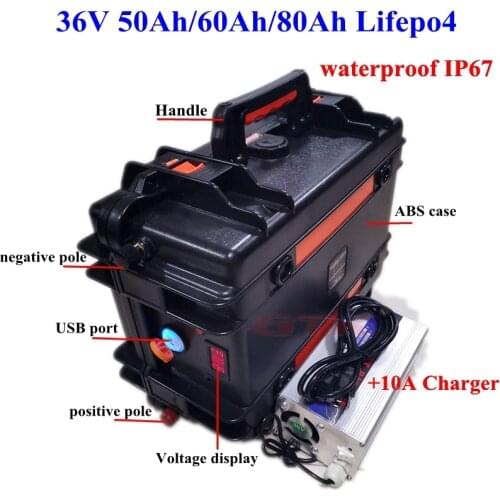 Waterproof 36V 50ah 60ah 80ah lifepo4 lithium battery with BMS for 2000w 1000w Bike scooter boat golf cart inverter+10A charger