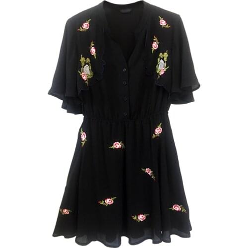 PERHAPS U Black Embroidery Cloak Sleeve V Neck Button Short Sleeve Mini Dress Empire Summer D0536