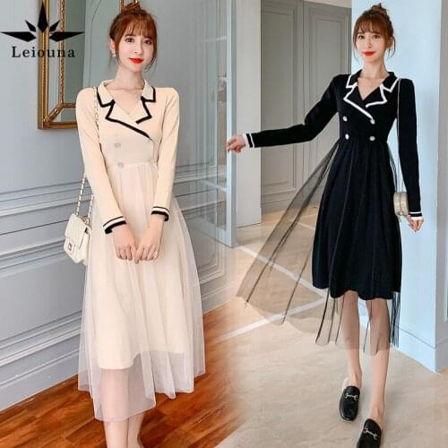 Leiouna Office Lady A-Line 2021 Spring New Womens Korean Long Sleeve Lace Knitted Sweater Medium Length Gauze Summer Dress