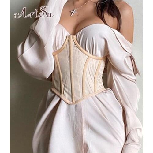 ArtSu Fashion Mesh Sexy Breasted Corset Belt Tops Sleeveless Harness Corset Club Party Sheer Cupped Cummerbunds Solid VE52497