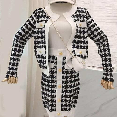 Spring Autumn New Houndstooth Knit Two-piece Set Women Long Sleeve Gold Button Cardigan Tops + Mini A-Line Skirt 2 Piece Outfits