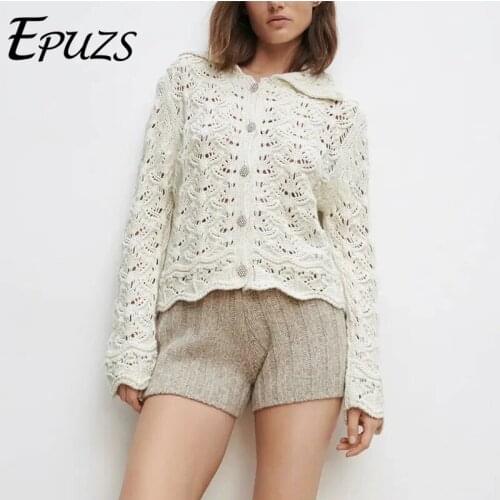 Vintage Lapel Knitted Sweater 2021 New Spring Fashion Slim Long Sleeve Hollow out Cardigan Sweater Lady Casual Loose Chic Top