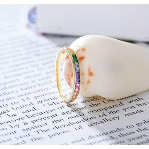 Silvology 925 Sterling Silver Rainbow Zircon Rings Gold Square Colorful CZ Luxurious Rings for Women Friendship Wedding Jewelry