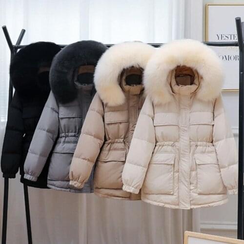 2021 White Duck Down Coat Winter Women Hooded Real Big Fur Collar Thicken Warm Feather Clothing Female Parka Overcoat