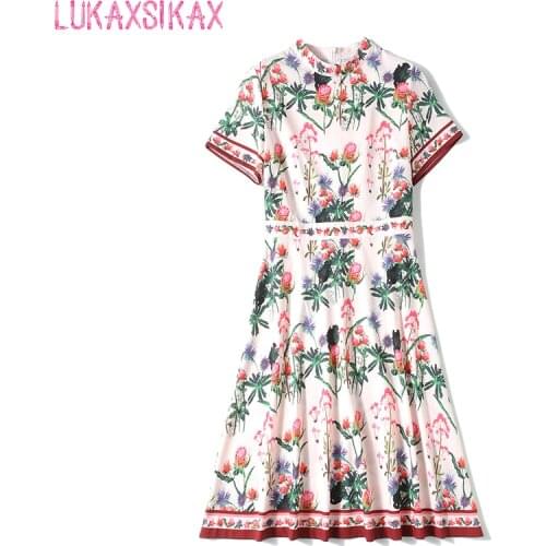 2020 New Summer Women Dress High Quality Runway Gorgeous Retro Flowers Print Slim A-Line Dress Elegant Vintage Dress