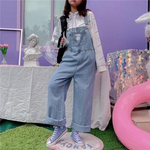 Winter ghost horse girl Jumpsuits Korean loose straight tube jeans pants + cartoon dog long sleeve sweater leisure student suit
