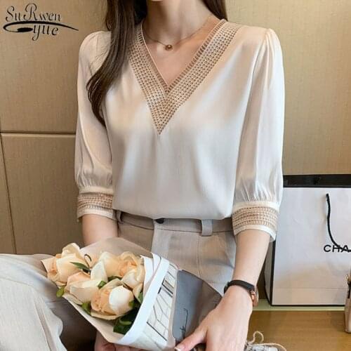 2021 Summer Shirts Women New Middle Sleeve White Chiffon Blouse Fashion Hollow V Neck Long Sleeve Top Female Blusas Mujer 13367