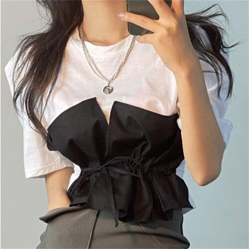 Alien Kitty 2021 New Design Patchwork Puff Sleeves Femme Chic Summer Sweet Girls All-Match Casual Stylish Loose Vintage T-Shirts