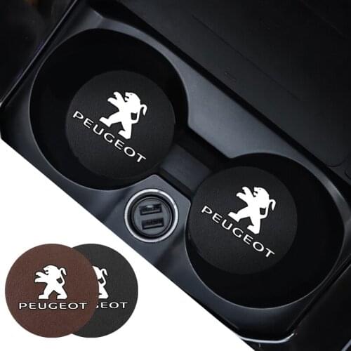 2Pcs PU Leather Car Cup Mat Auto Emblem Non-Slip Cup Slot Pad For Peugeot 407 508 206 307 107 106 308 3008 207 208 5008 205 301