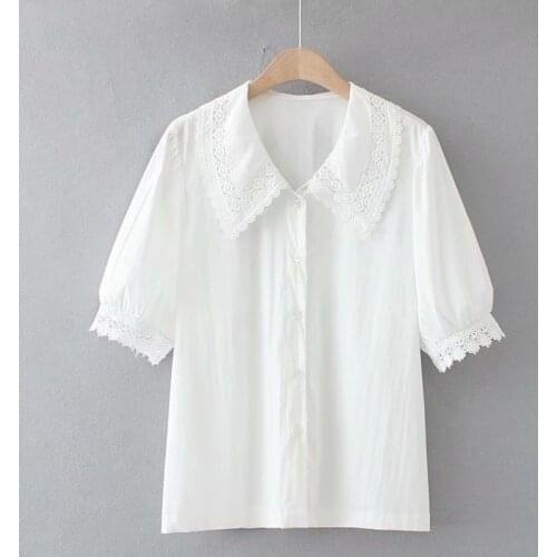 Plus size Cotton peter pan collar Short sleeve lace women loose shirts 2021 summer casual white black ladies blouse female tops