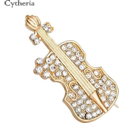 Violin shape pins and brooches gold color simulation mini fiddle full rhinestone tie neckwear accessories bag hat badge jewelry