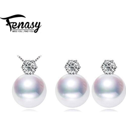 FENASY Pearl Jewelry Brand wedding engagement jewelry sets Natural Pearl pendant Necklace women/crown stud Earrings 8-9mm beads