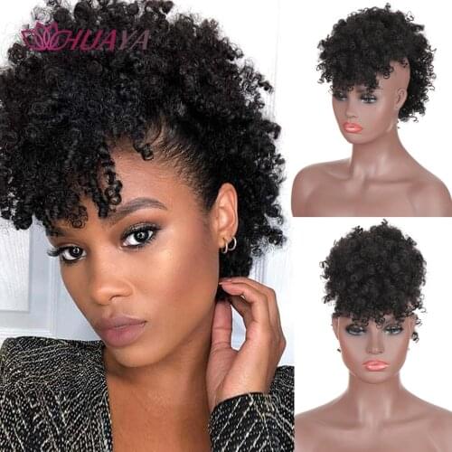 HUAYA High Puff Afro Ponytail with Bangs Short Kinky Curly Ponytail Clip in Hair Extensions Mohawk Ponytail Bun Hair Clips