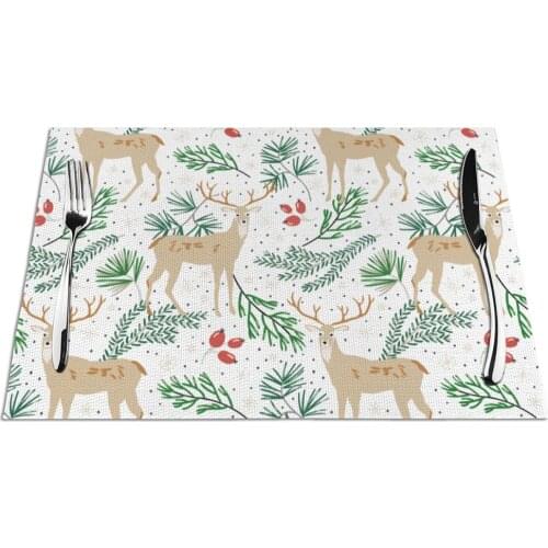 Placemat Holly And Deers Pattern Fabric Table Mats Tableware Kitchen Tool Table Mats