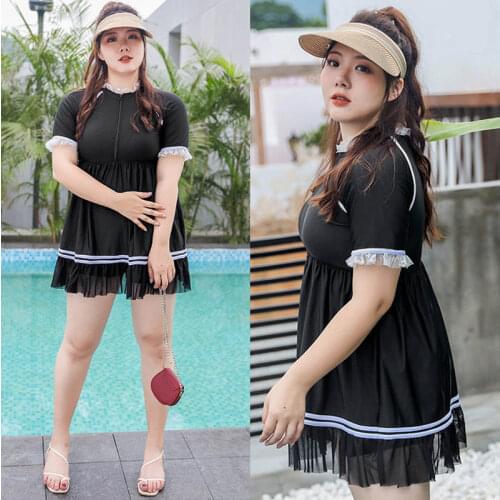 2021 Large Size Swimsuit Fashion Zipper Skirt Split Boxer High Waist Cover Belly Without Steel Support Student Sports Swimwear