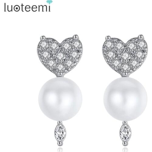 LUOTEEMI New CZ Heart Stud Earrings for Women Wedding Engagement Fashion Jewelry Simulated Pearl Pendientes Femme Christmas Gift
