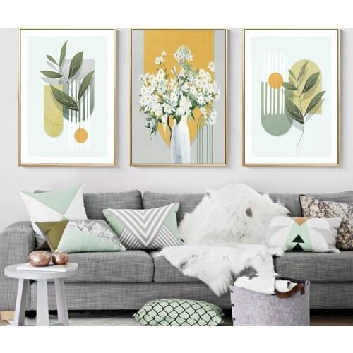 Flowers Green Leaves Plant Canvas Painting Abstract Geometric Figures Home Decor Nordic Wall Art Poster Print for Living Room