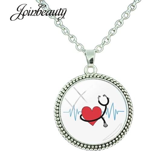 JOINBEAUTY Red Heart Medical Stethoscope Pattern Long Chain Round Pendant Necklace For Doctors And Nurses Gift Jewelry NT276