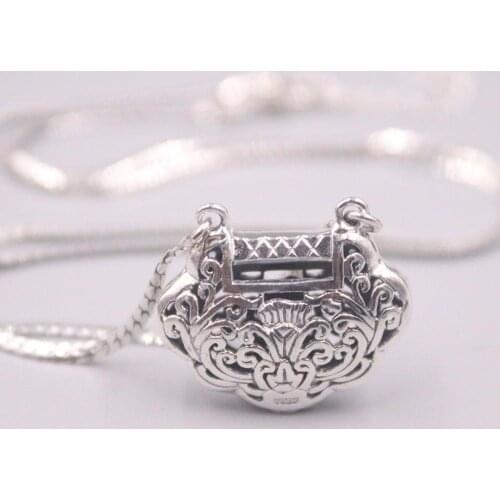 Real 925 Silver Pendant For Women Baby Longevity Lock Birthday Gift Ladys Lucky and Curb Chain 18''L