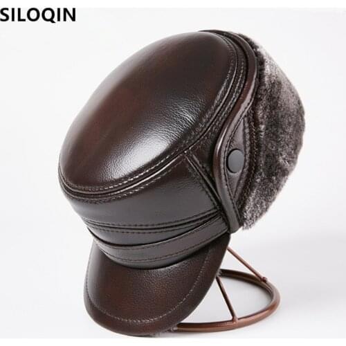 SILOQIN Mens Winter Bomber Hats Natural Genuine Leather Caps For Men Fur Warm Earmuff Hat Anti-cold Brands Cowhide Leather Cap