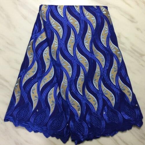 Blue African Net Lace Fabric High Quality Nigerian 100% Cotton Lace Punch Embroidery With Diamond Fabric 5 Yards For Dress A238