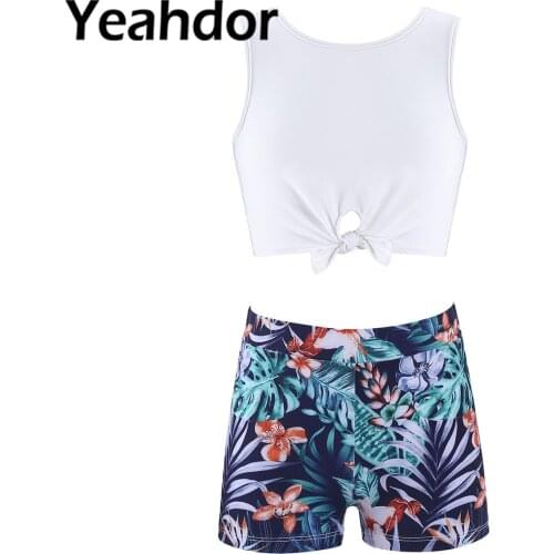 2Pcs Kids Girls Sport Suit Sportwear Round Neck Sleeveless Crop Sport Vest and Shorts Set for Gym Yoga Running Dance Workout