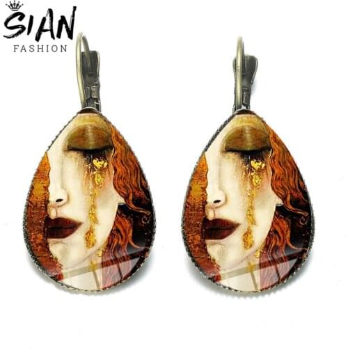 SIAN Tears of God French Hook Earring Classic Artist Gustav Klimt The Kiss Art Paintings Teardrop Glass Earrings Vintage Jewelry