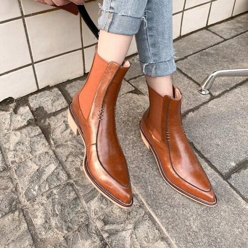 Woman Boots With Pointed Toe Elastic Band Chelsea Ankle Boots Split Leather Women Shoe European Style Handsome botines mujer