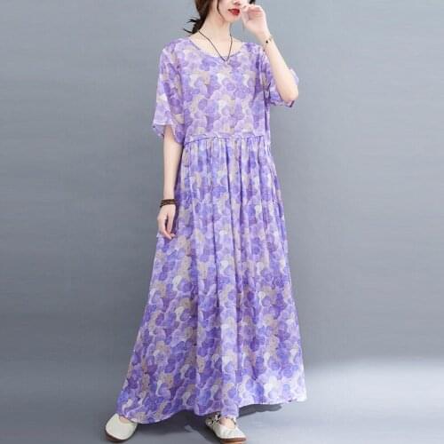 Women Cotton Linen Long Dress New Arrival 2021 Summer Vintage Style O-neck Print Loose Ladies Elegant A-line Maxi Dresses B578