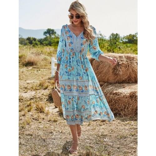 Women Summer Bohemian Style Floral Printing V-Neck Half Sleeve Beach Long Dress Ladies Temperament High Waist A-Line Skirt S-XL