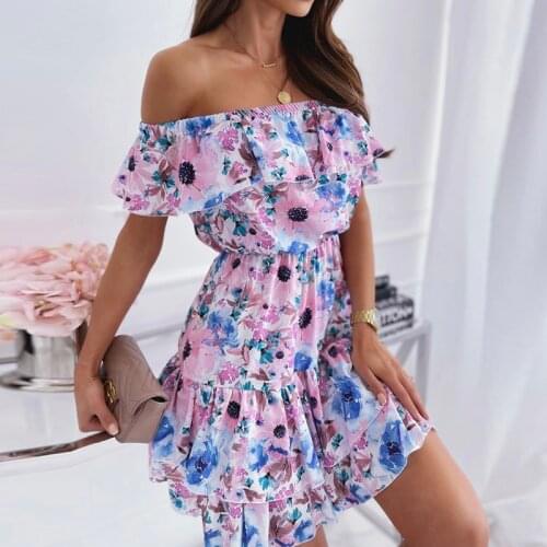 Women Slash Neck A Line Dress Off the Shoulder Floral Print Ruffle Elegant Bohemian Ladies Party Sundress Vestidos Summer 2021