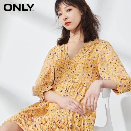 ONLY 2020 summer new floral V-neck waist thin A-line long-sleeved dress | 120207511