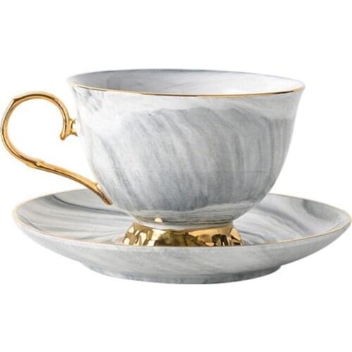 Golden Line Tea Cup with Saucer Sets 250ml Vintage Bone China Marble Pattern Teacup Home Office Porcelain Coffee Cup Great Gifts