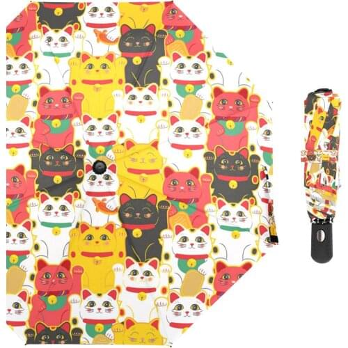 Janpanese Lucky Cat Womens Umbrella Automatic Umbrella Rain Women Three Folding Light and Durable Strong Umbrellas