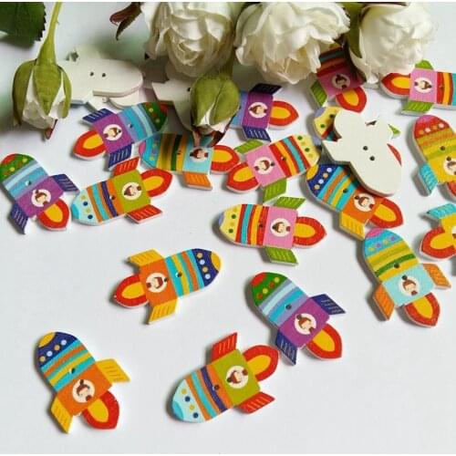 50PCs Multicolor Cute Cartoon rocket Shape 2 Holes Decorative Buttons Wood Buttons Scrapbooking Sewing DIY 23*36mm