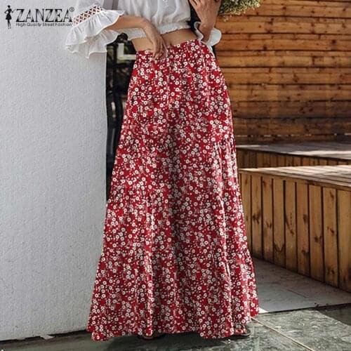 ZANZEA Summer Women Bohemian Printed Pantalon Palazzo Elastic Waist Ruffle Wide Leg Trouser Casual Elegant Floral OL Pant Turnip