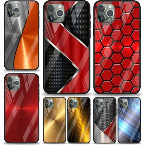 Red Blue Brushed Metal for Apple iPhone 12 Pro Max Mini 11 Pro XS Max X XR 6S 6 7 8 Plus Luxury Tempered Glass Phone Case