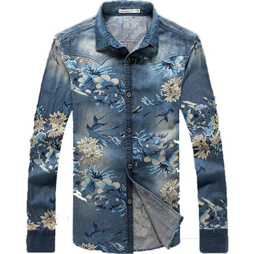 Long Sleeve Denim Jacket Mens Fashion Denim Jacket Mens Floral Slim Casual Cardigan Shirt Mens Jacket
